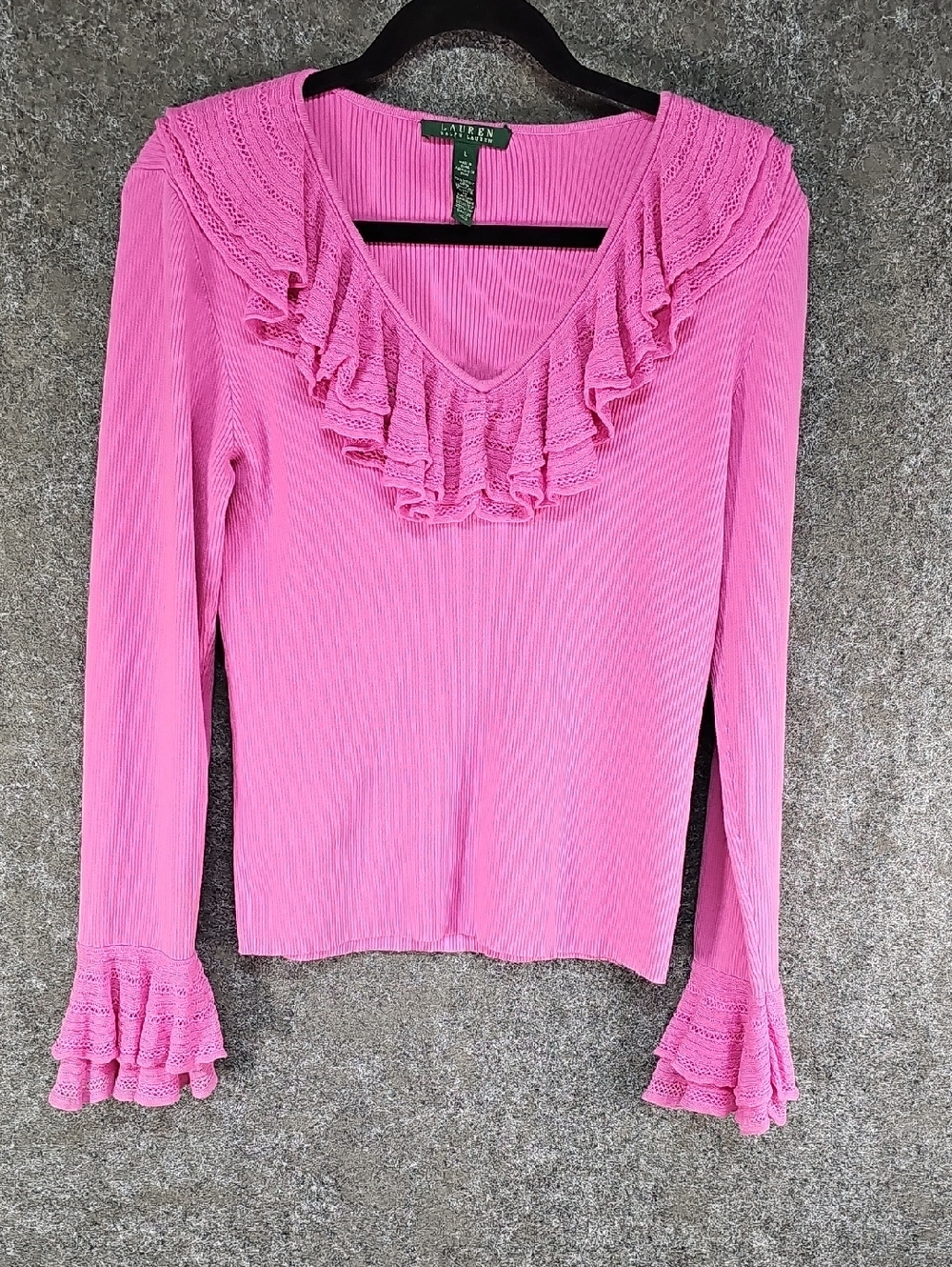 Vtg Lauren Ralph Lauren Ruffle Vneck Ribbed Sweater, Hot Pink, Size Large